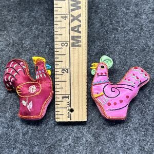 Pair of 2 Handmade Embroidered Silky Rooster Chicken Mini 3 Inch Farmhouse Decor